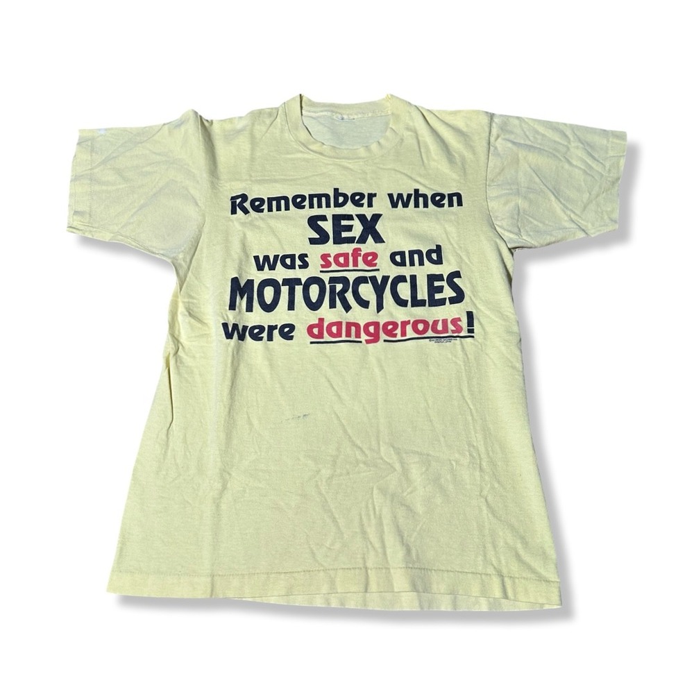 Sex Works Graphic T-Shirt Mens L Yellow Excellent Vintage Biker Motorcycle 80s